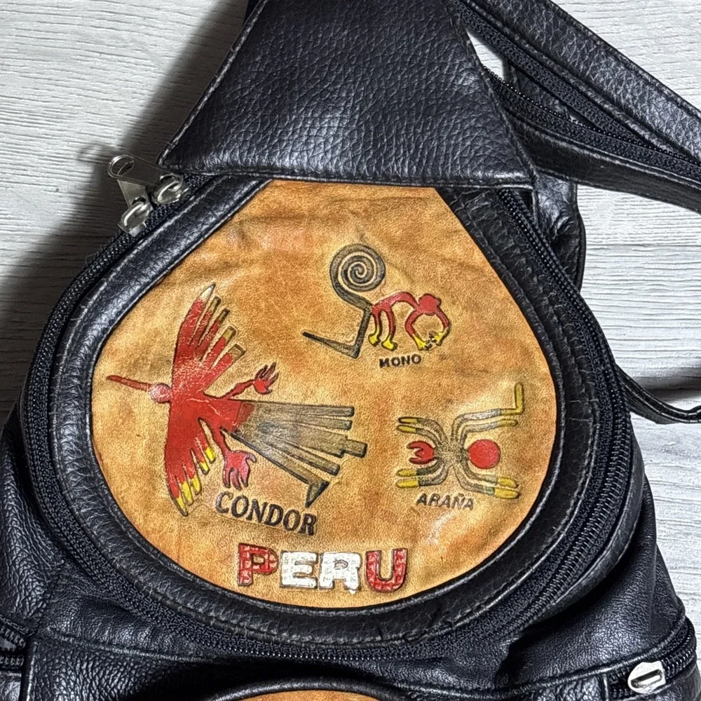 Vintage Peru Leather Backpack Hand Painted Condor Inca‎ Symbols Small Daypack